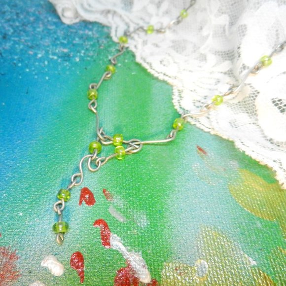 Hand Crafted Jewelry - VTG Hand Crafted pendant necklace OOAK green pewtertone lariat bolo silver chain